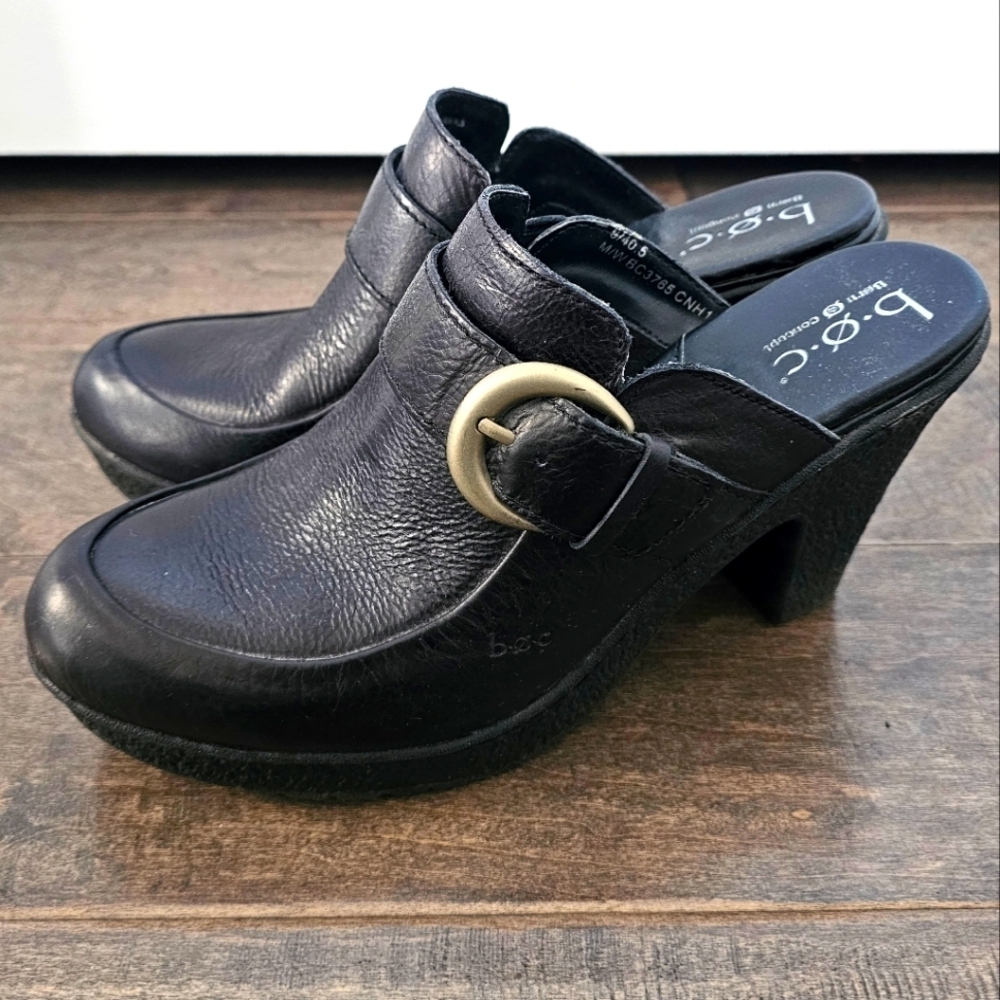b.o.c. Black Leather Mules with Chunky Heel Sz 9